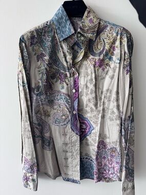 Etro Multicolor Paisley Button-Down Shirt in Light Gray, Purple & Teal